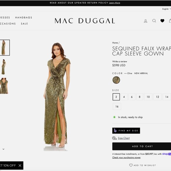 NWT $598 Mac Duggal [ 2 ]‎ Sequined Faux Wrap Cap Sleeve Gown Olive Green #Q714 - Picture 3 of 16